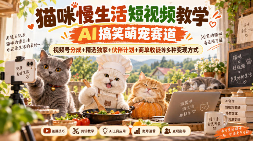 猫咪慢生活短视频教学,AI搞笑萌宠赛道,视频号分成+精选独家+伙伴计划+商单收徒等多种变现方式-智富思维学堂