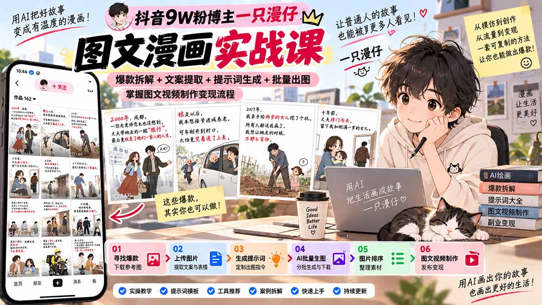 抖音9W粉博主一只漫仔图文漫画课：爆款拆解+文案提取+提示词生成+批量出图，掌握图文视频制作变现流程-智富思维学堂