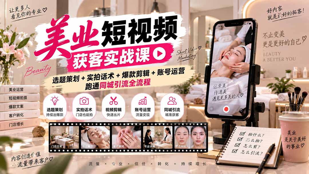 美业短视频获客实战课-无水印：选题策划+实拍话术+爆款剪辑+账号运营，跑通同城引流全流程-智富思维学堂