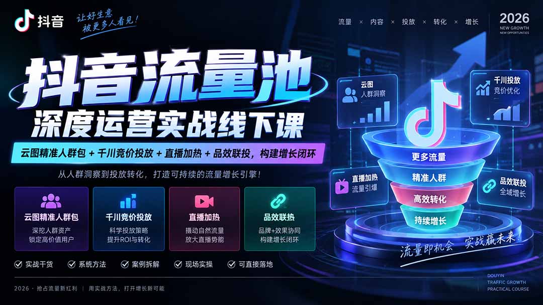 抖音流量池深度运营实战线下课|云图精准人群包+千川竞价投放+直播加热+品效联投,构建增长闭环-智富思维学堂
