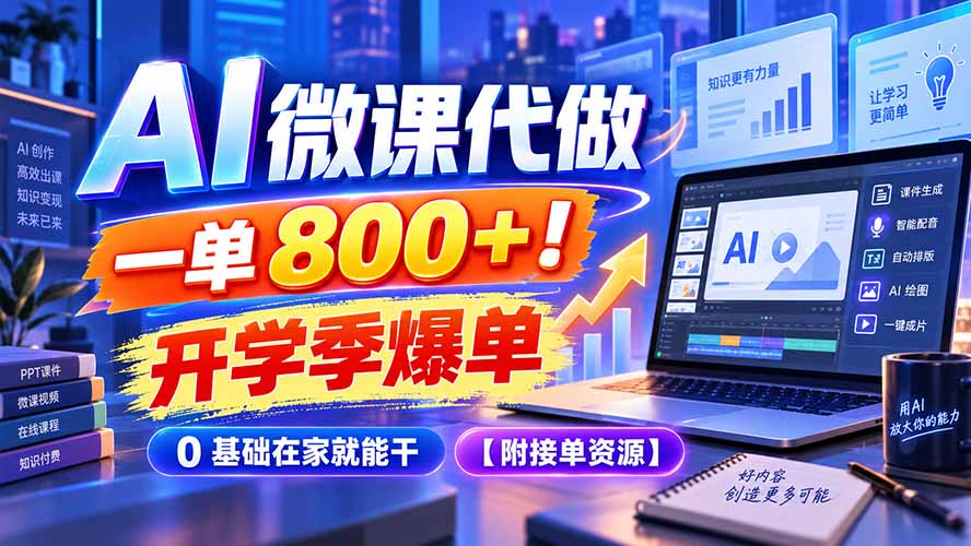 AI 微课代做，一单 800+！开学季爆单，0 基础在家就能干【附接单资源】-智富思维学堂