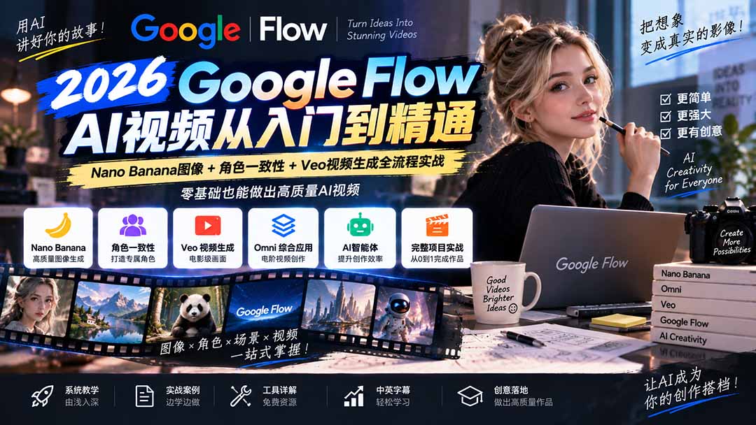 【无水印】Google Flow AI视频从入门到精通:Nano Banana图像+角色一致性+Veo视频生成全流程实战-精翻中英字幕-智富思维学堂