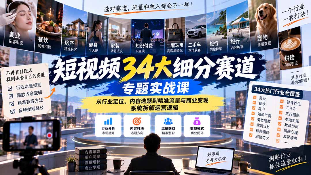 图片[2]-短视频34大细分赛道专题实战课：从行业定位、内容选题到精准流量与商业变现，系统拆解运营逻辑-智富思维学堂