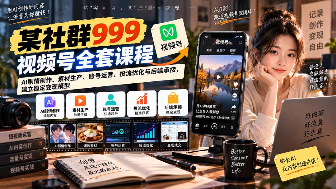 【无水印】某社群999视频号全套课程：AI剧情创作、素材生产、账号运营、投流优化与后端承接，建立稳定变现模型-智富思维学堂