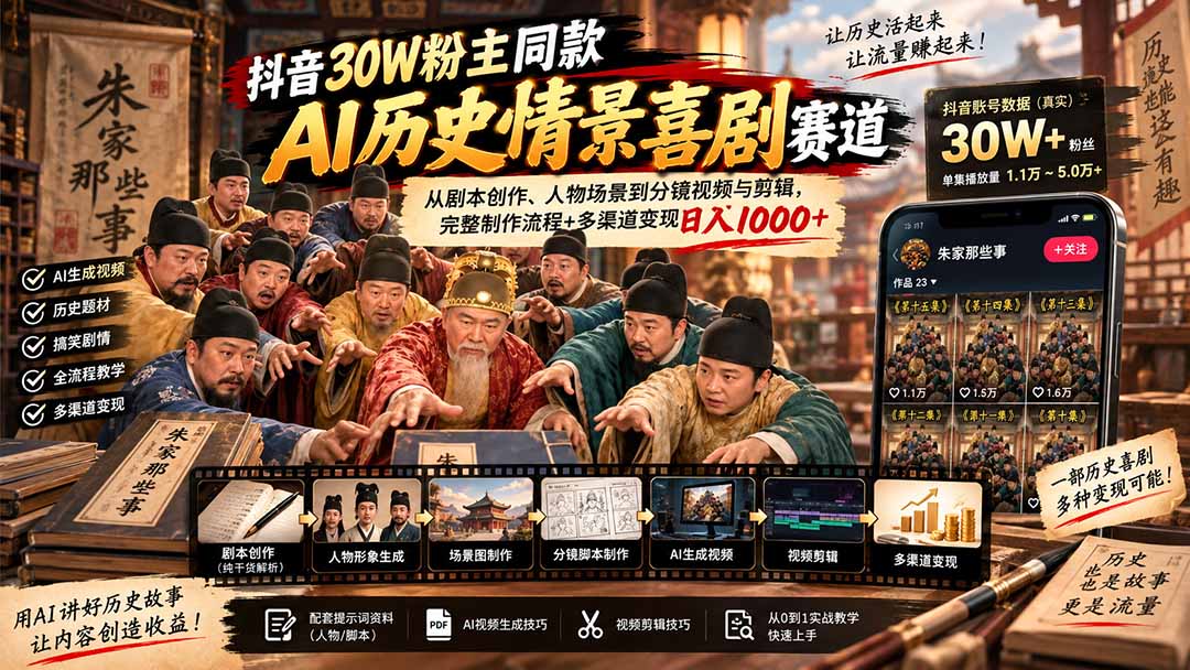 抖音30W粉博主同款AI历史情景喜剧赛道：从剧本创作、人物场景到分镜视频与剪辑，完整制作流程+多渠道变现日入1000+-智富思维学堂