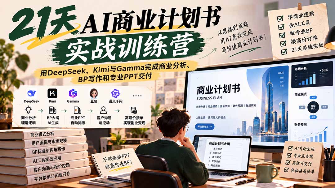 【无水印】21天AI商业计划书实战训练营:用DeepSeek、Kimi与Gamma完成商业分析、BP写作和专业PPT交付-智富思维学堂