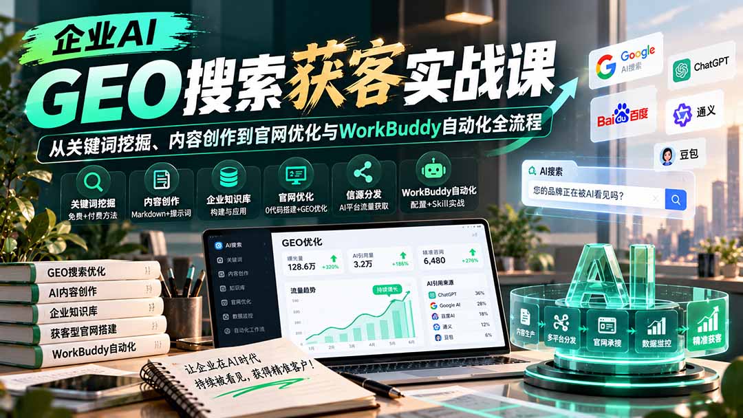 企业AI GEO搜索获客实战课:从关键词挖掘、内容创作到官网优化与WorkBuddy自动化全流程-智富思维学堂