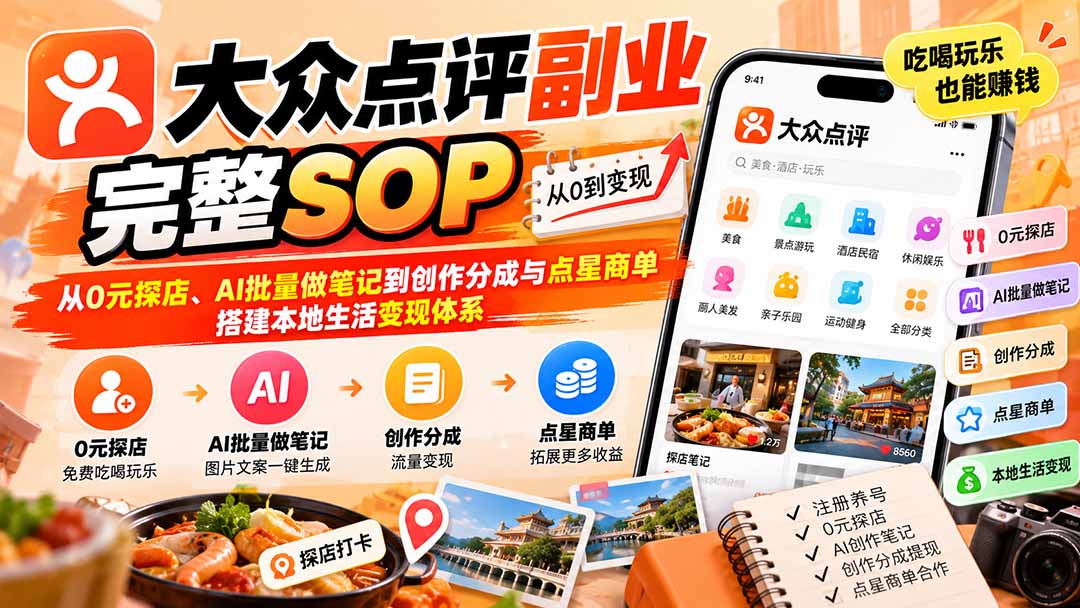 图片[2]-【无水印】大众点评副业完整SOP：从0元探店、AI批量做笔记到创作分成与点星商单，搭建本地生活变现体系-智富思维学堂