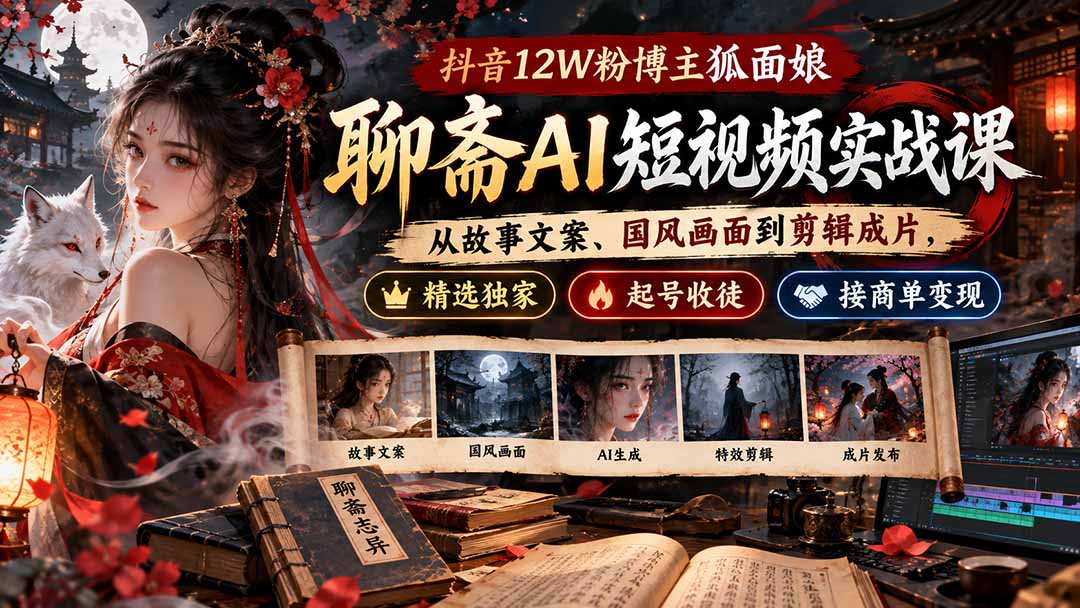 抖音12W粉博主狐面娘-聊斋AI短视频实战课:从故事文案、国风画面到剪辑成片,精选独家+起号收徒+接商单变现-智富思维学堂