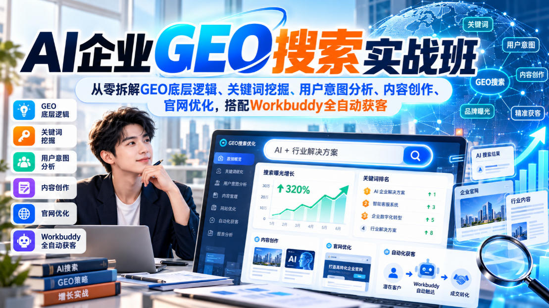 AI企业GEO搜索实战班,从零拆解GEO底层逻辑、关键词挖掘、用户意图分析、内容创作、官网优化,搭配Workbuddy全自动获客-智富思维学堂