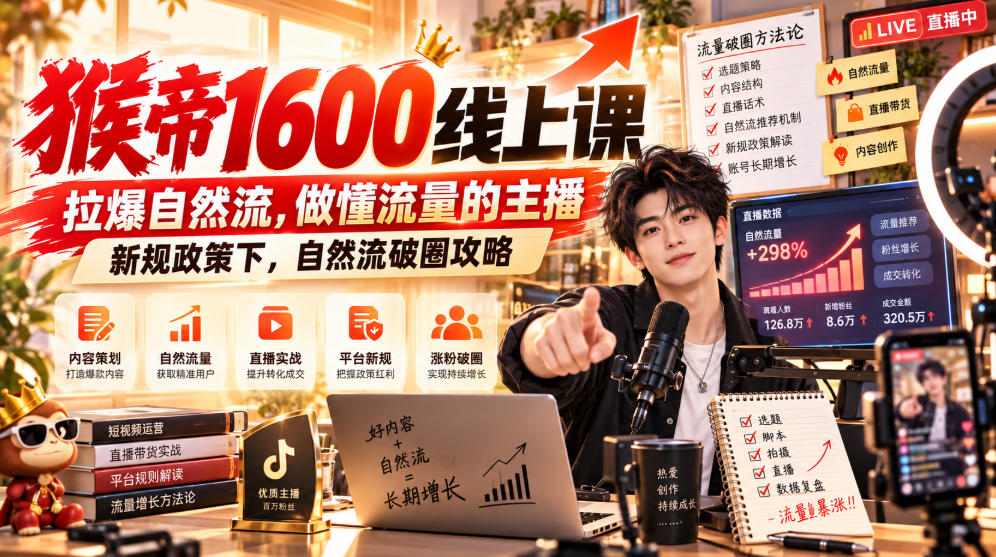 猴帝1600线上课,拉爆自然流,做懂流量的主播,新规政策下,自然流破圈攻略【更新260926】-智富思维学堂
