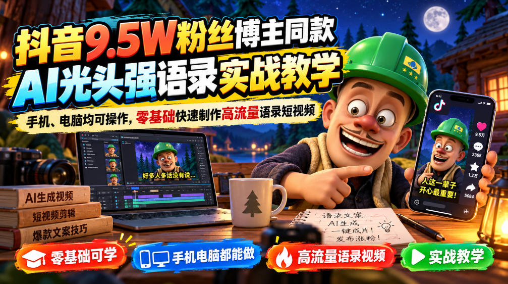 抖音9.5W粉丝博主同款AI光头强语录实战教学,手机、电脑均可操作,零基础快速制作高流量语录短视频-智富思维学堂