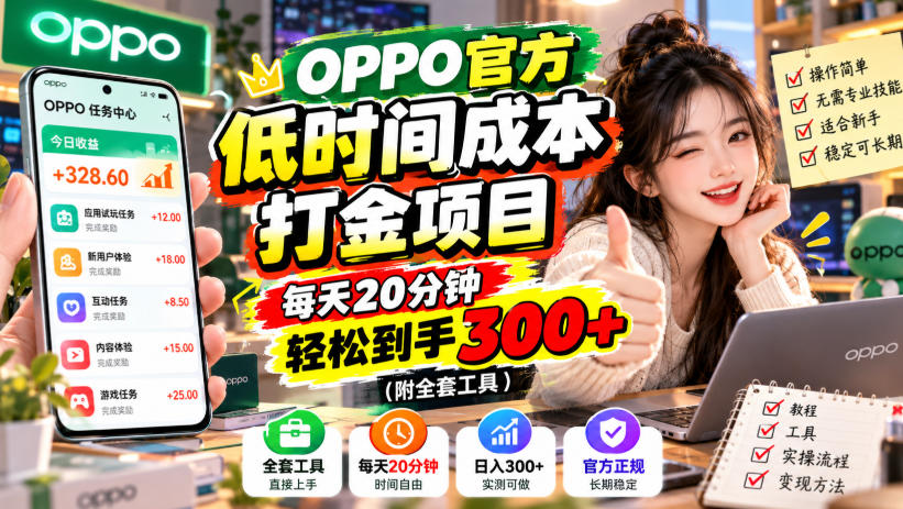 OPPO官方低时间成本打金项目,每天20分钟,轻松到手300+(附全套工具)【揭秘】-智富思维学堂