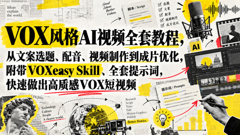 VOX风格AI视频全套教程,从文案选题、配音、视频制作到成片优化,附带VOXeasy Skill、全套提示词,快速做出高质感VOX短视频-智富思维学堂