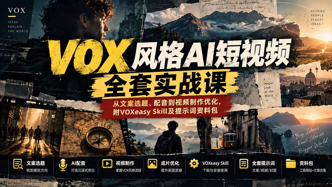 【无水印】VOX风格AI短视频全套实战课:从文案选题、配音到视频制作优化,附VOXeasy Skill及提示词资料包-智富思维学堂