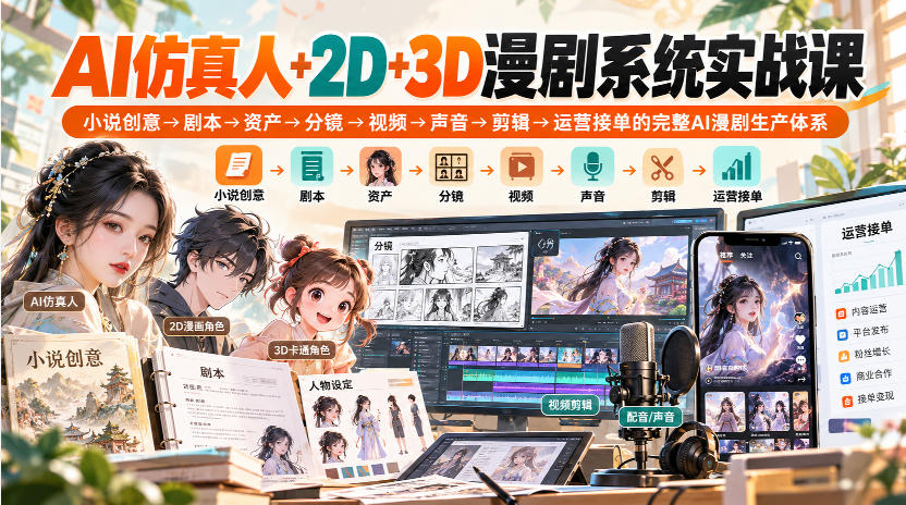 【无水印】AI仿真人+2D+3D漫剧系统实战课,小说创意→剧本→资产→分镜→视频→声音→剪辑→运营接单的完整AI漫剧生产体系-智富思维学堂