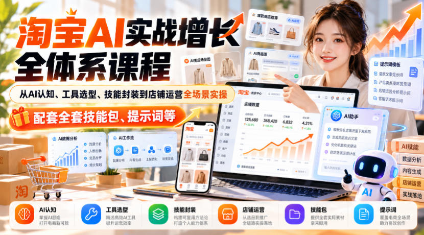 淘宝AI实战增长全体系课程,从AI认知、工具选型、技能封装到店铺运营全场景实操,配套全套技能包、提示词等-智富思维学堂