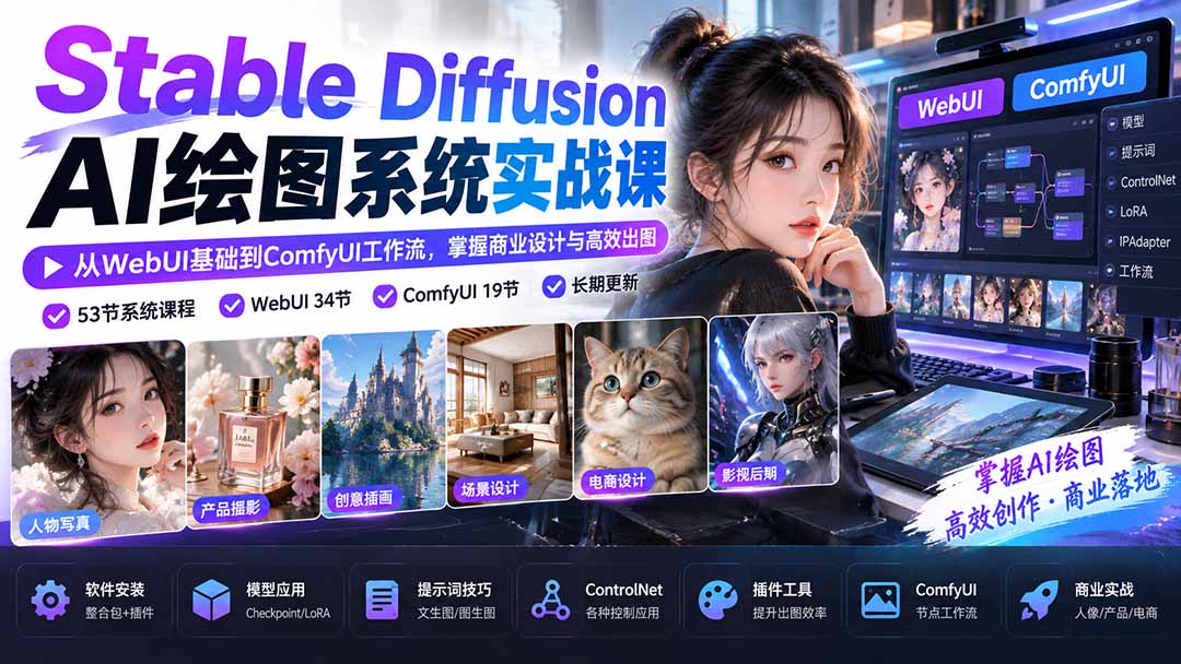 【无水印】Stable Diffusion AI绘图系统实战课:从WebUI基础到ComfyUI工作流,掌握商业设计与高效出图-智富思维学堂