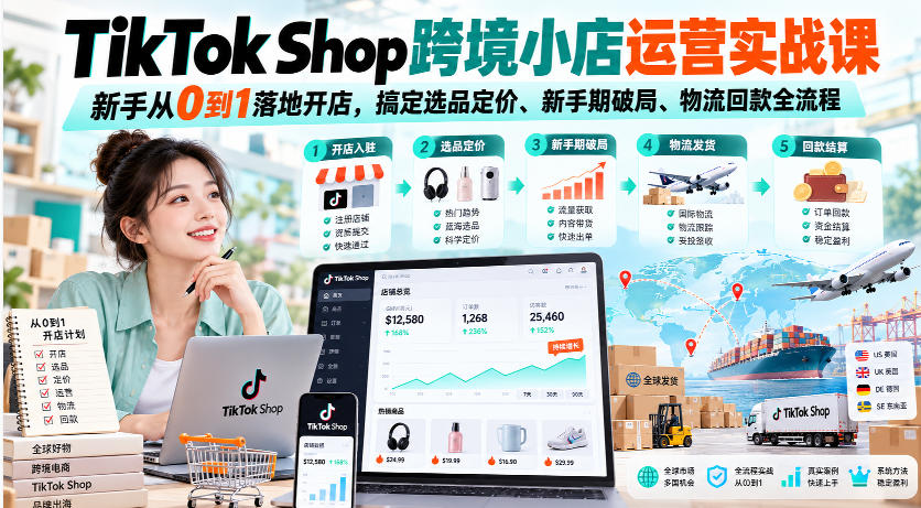 TikTok Shop跨境小店运营实战课,新手从0到1落地开店,搞定选品定价、新手期破局、物流回款全流程-智富思维学堂