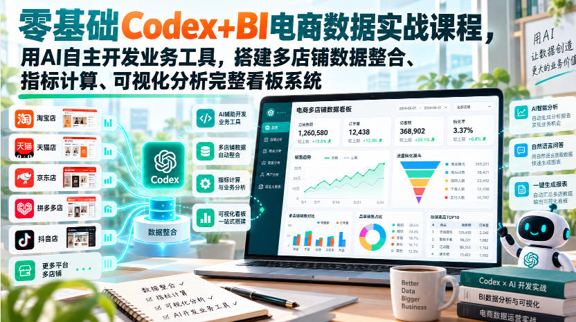 零基础Codex+BI电商数据实战课程,用AI自主开发业务工具,搭建多店铺数据整合、指标计算、可视化分析完整看板系统-智富思维学堂