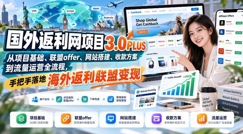 国外返利网项目3.0PLUS,从项目基础、联盟offer、网站搭建、收款方案到流量运营全流程,手把手落地海外返利联盟变现-智富思维学堂