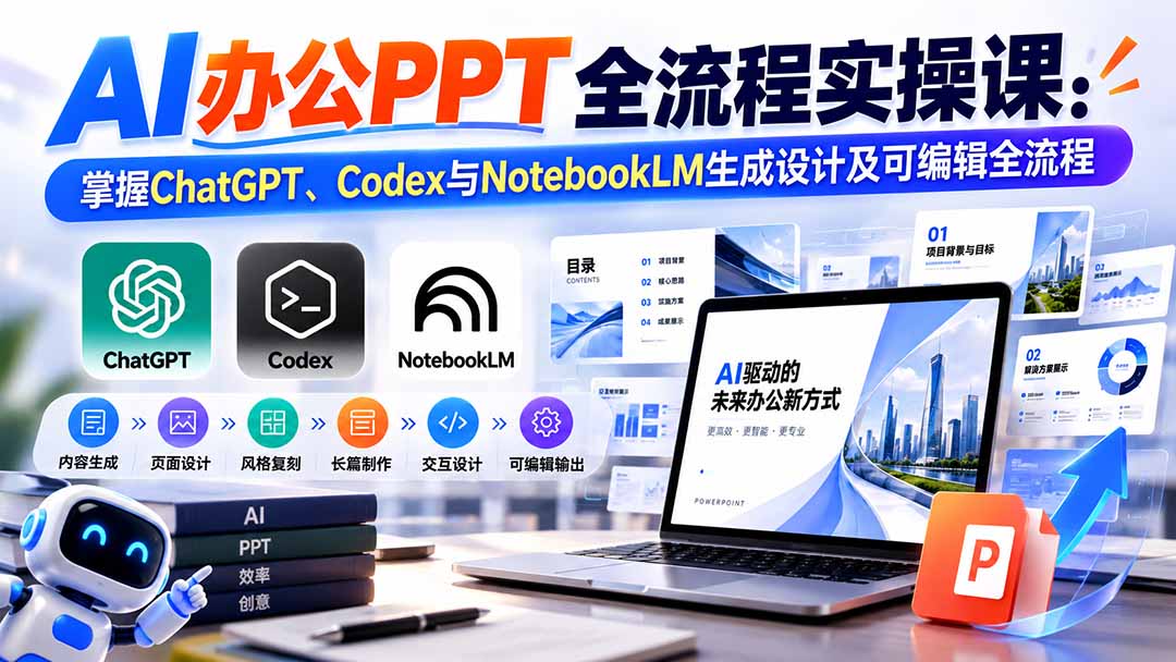 【无水印】AI办公PPT全流程实操课: 掌握ChatGPT、Codex与NotebookLM生成设计及可编辑全流程-智富思维学堂