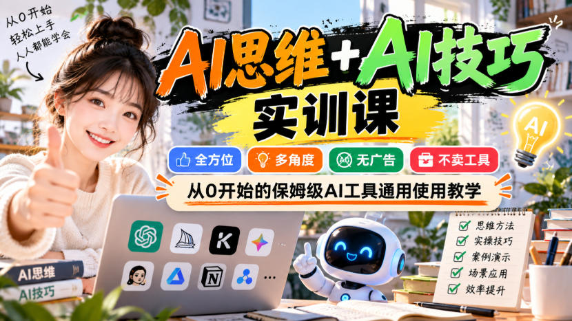 【无水印】AI思维+AI技巧实训课,全方位、多角度、无广告、不卖工具,从0开始的保姆级AI工具通用使用教学-智富思维学堂