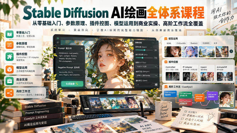 【无水印】Stable Diffusion AI绘画全体系课程,从零基础入门、参数原理、插件控图、模型运用到商业实操、高阶工作流全覆盖-智富思维学堂