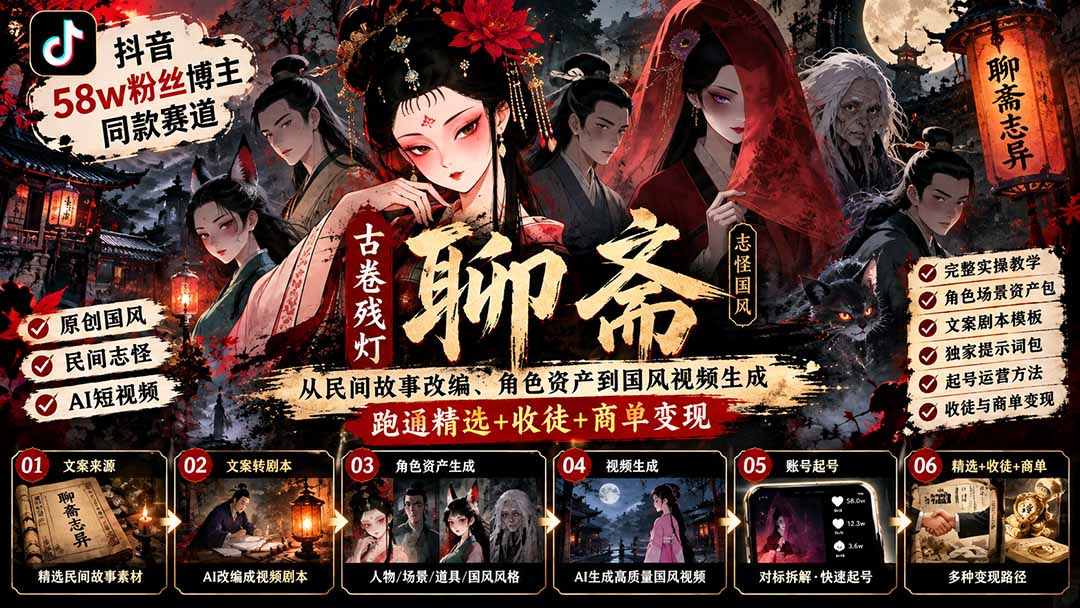 图片[2]-抖音58w粉丝博主同款赛道古卷残灯聊斋：从民间故事改编、角色资产到国风视频生成，跑通精选+收徒+商单变现-智富思维学堂