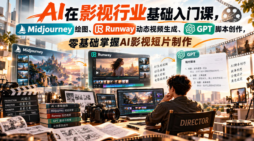【无水印】AI在影视行业基础入门课,Midjourney绘图、Runway动态视频生成、GPT脚本创作,零基础掌握AI影视短片制作-智富思维学堂