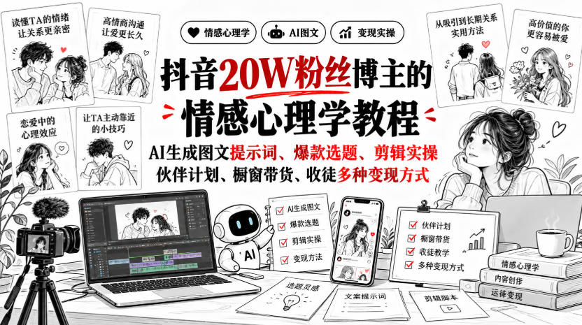 抖音20W粉丝博主静候心声的情感心理学教程,AI生成图文提示词、爆款选题、剪辑实操,伙伴计划、橱窗带货、收徒多种变现方式-智富思维学堂