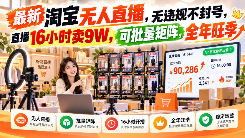 最新淘宝无人直播,无违规不封号,直播16小时卖9W,可批量矩阵,全年旺季【揭秘】-智富思维学堂