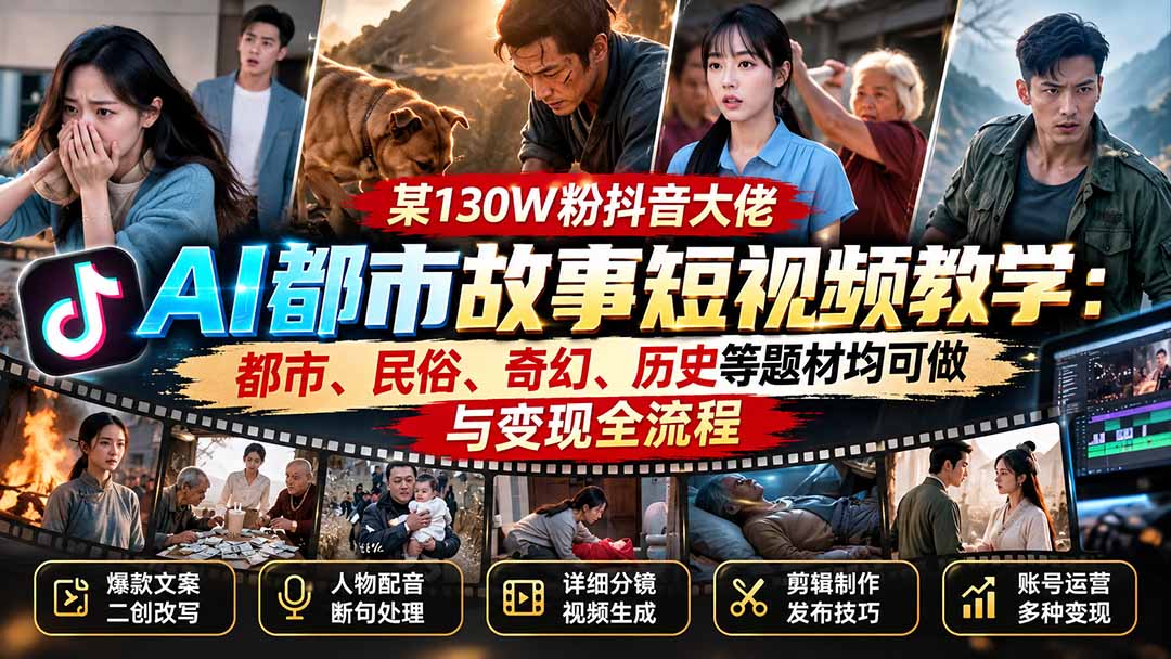 某130W粉抖音大佬AI都市故事短视频教学:都市、民俗、奇幻、历史等题材均可做与变现全流程-智富思维学堂
