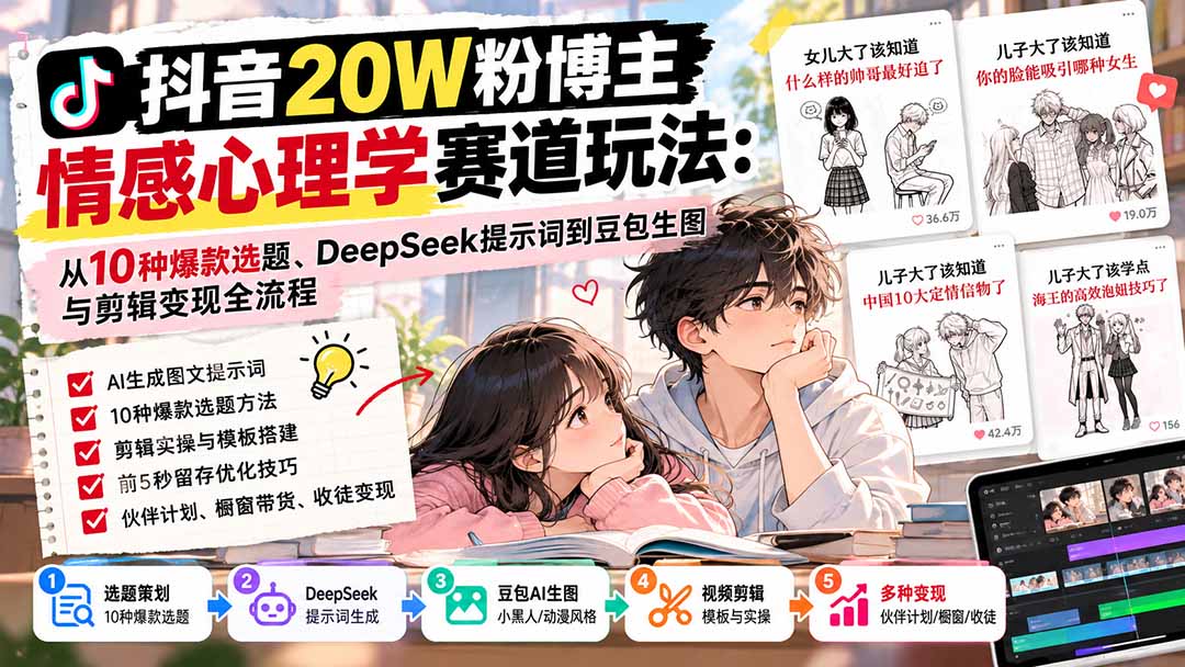 抖音20W粉博主-情感心理学赛道玩法:从10种爆款选题、DeepSeek提示词到豆包生图与剪辑变现全流程-智富思维学堂