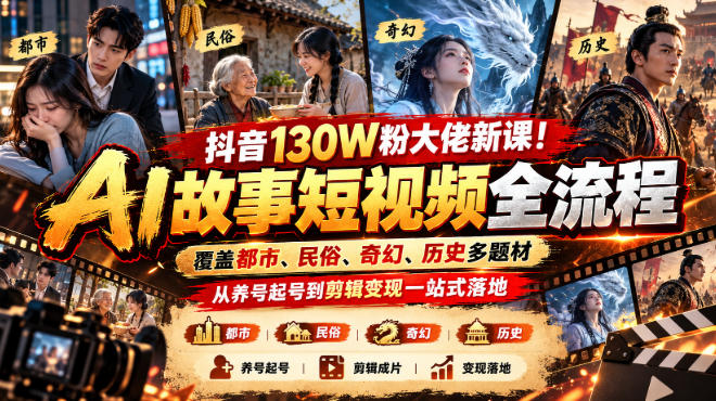 抖音130W粉大佬新课！AI故事短视频全流程，覆盖都市、民俗、奇幻、历史多题材，从养号起号到剪辑变现一站式落地-智富思维学堂