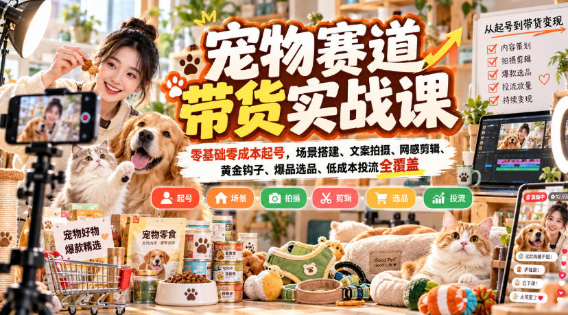 宠物赛道带货实战课,零基础零成本起号,场景搭建、文案拍摄、网感剪辑、黄金钩子、爆品选品、低成本投流全覆盖-智富思维学堂