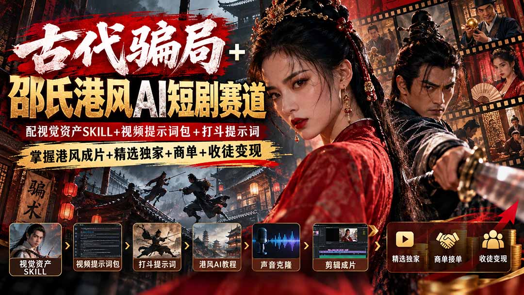 古代骗局+邵氏港风AI短剧赛道:配视觉资产SKILL+视频提示词包+打斗提示词,掌握港风成片+精选独家+商单+收徒变现-智富思维学堂