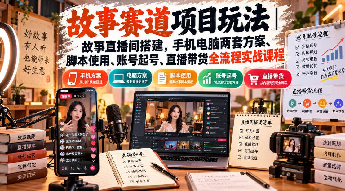 故事赛道项目玩法｜故事直播间搭建，手机电脑两套方案、脚本使用、账号起号、直播带货全流程实战课程-智富思维学堂