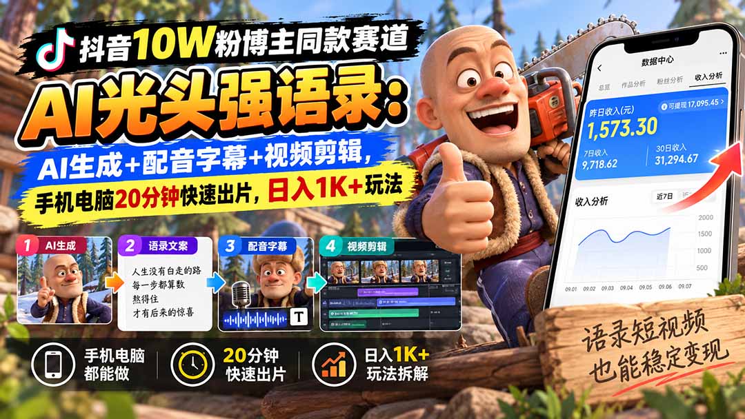 图片[2]-【无水印】抖音10W粉博主同款赛道AI光头强语录：AI生成+配音字幕+视频剪辑，手机电脑20分钟快速出片，日入1K+玩法-智富思维学堂