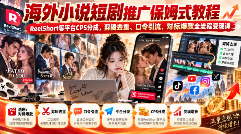 海外小说短剧推广保姆式教程｜ReelShort等平台CPS分成，剪辑去重、口令引流、对标爆款全流程变现课-智富思维学堂