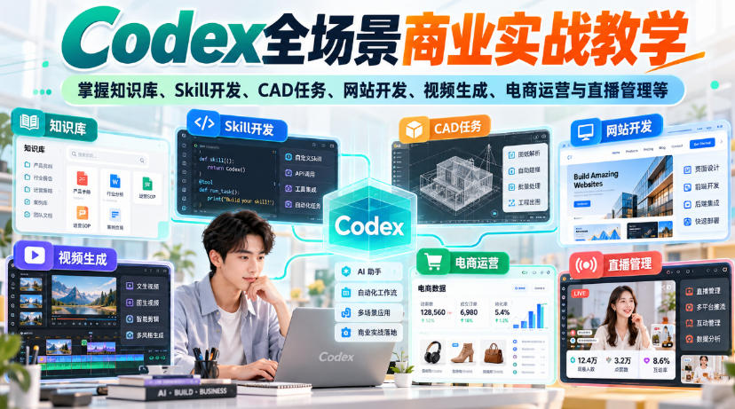 【无水印】Codex全场景商业实战教学,掌握知识库、Skill开发、CAD任务、网站开发、视频生成、电商运营与直播管理等-智富思维学堂