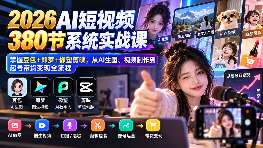 图片[2]-【无水印】2026AI短视频380节系统实战课：掌握豆包+即梦+像塑剪映，从AI生图、视频制作到起号带货变现全流程-智富思维学堂