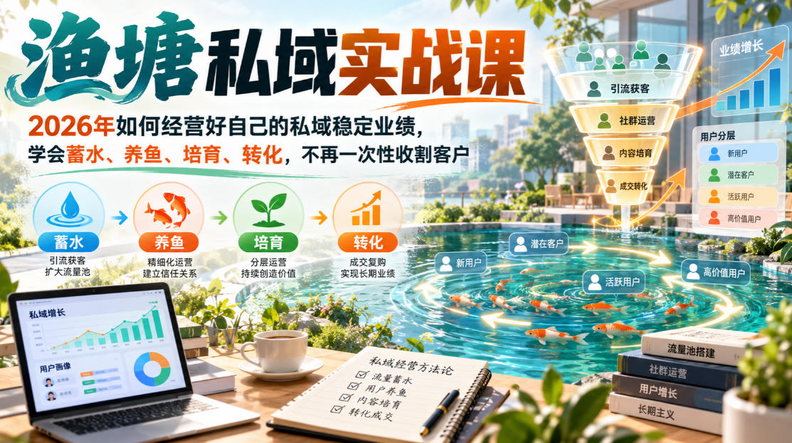 渔塘私域实战课,2026年如何经营好自己的私域稳定业绩,学会蓄水、养鱼、培育、转化,不再一次性收割客户-智富思维学堂