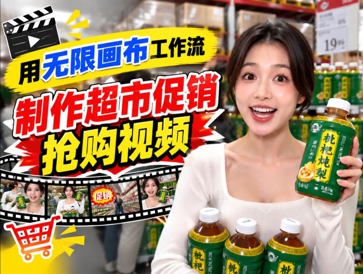 无限画布超市促销抢购视频工作流,一键产出TikTok抖音带货短视频-智富思维学堂
