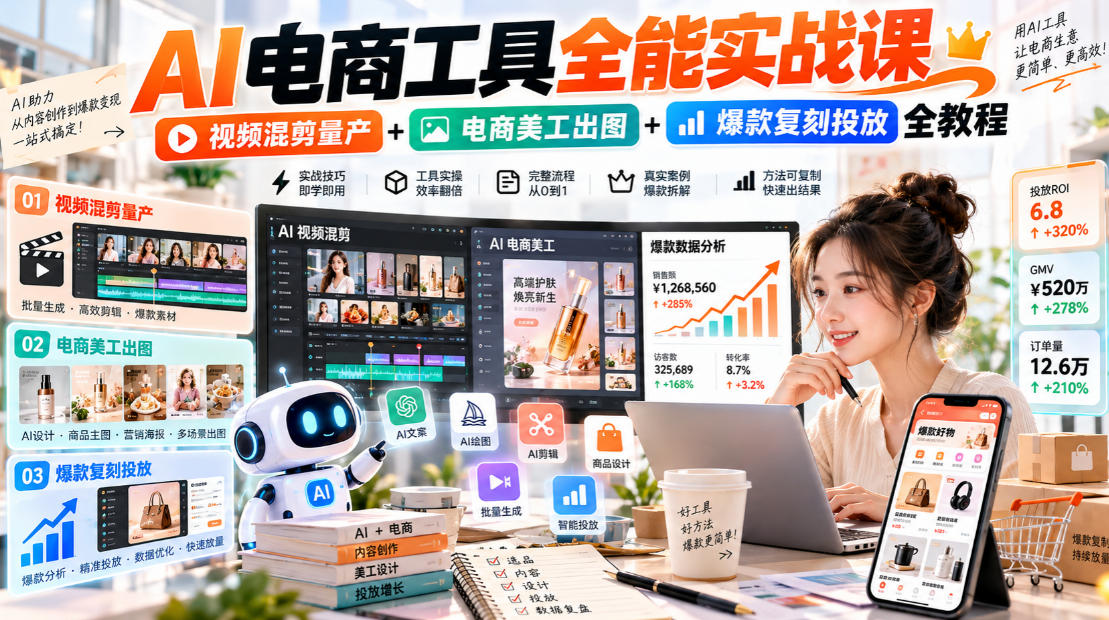 AI电商工具全能实战教学,视频混剪量产+电商美工出图+爆款复刻投放全教程-智富思维学堂