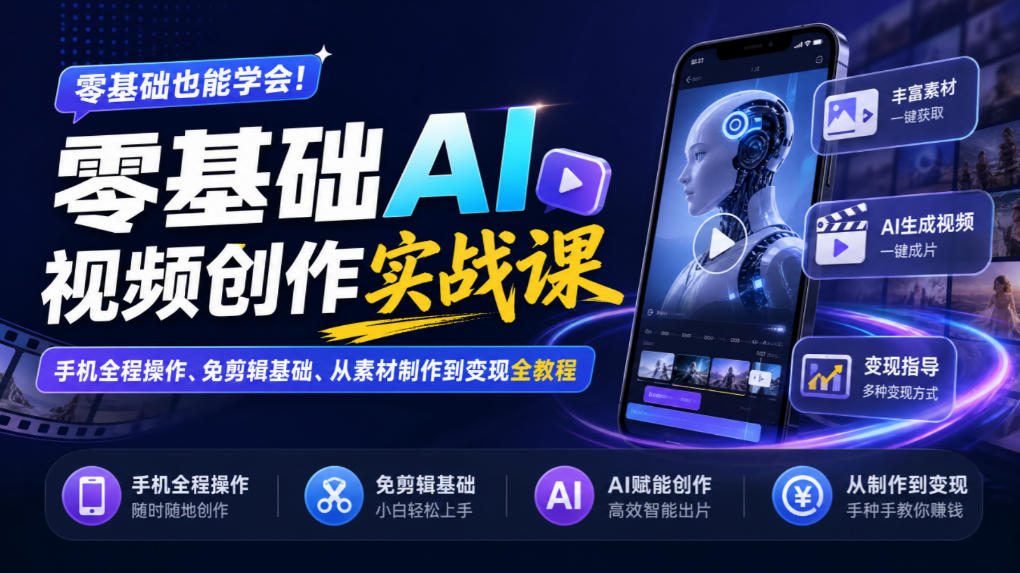 零基础AI视频创作实战课｜手机全程操作、免剪辑基础、从素材制作到变现全教程​-智富思维学堂