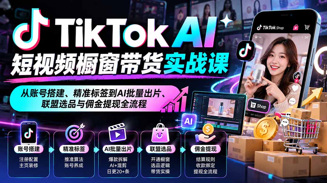 TikTok AI短视频橱窗带货实战课:从账号搭建、精准标签到AI批量出片、联盟选品与佣金提现全流程-智富思维学堂