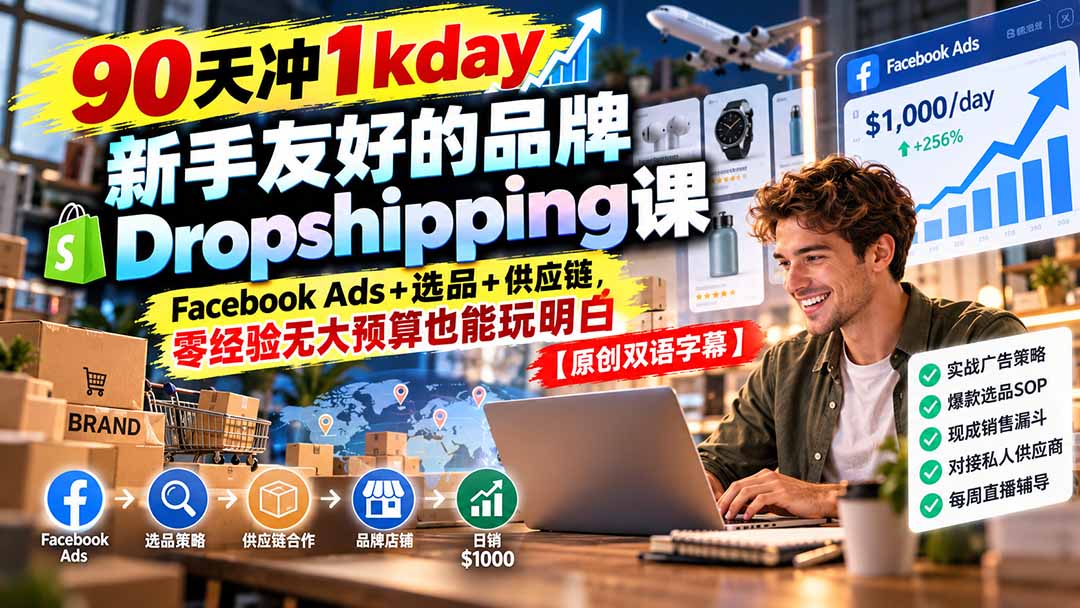 图片[2]-90天冲1kday 新手友好的品牌Dropshipping课：Facebook Ads+选品+供应链，零经验无大预算也能玩明白【原创双语字幕】-智富思维学堂