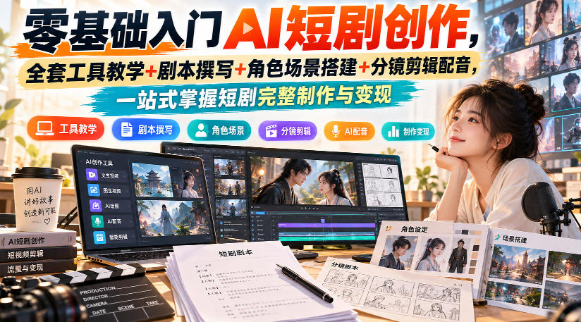 零基础入门AI短剧创作,全套工具教学+剧本撰写+角色场景搭建+分镜剪辑配音,一站式掌握短剧完整制作与变现-智富思维学堂