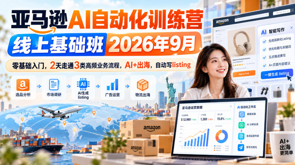 亚马逊AI自动化训练营线上基础班2026年9月,零基础入门,2天走通3类高频业务流程,AI+出海,自动写listing-智富思维学堂